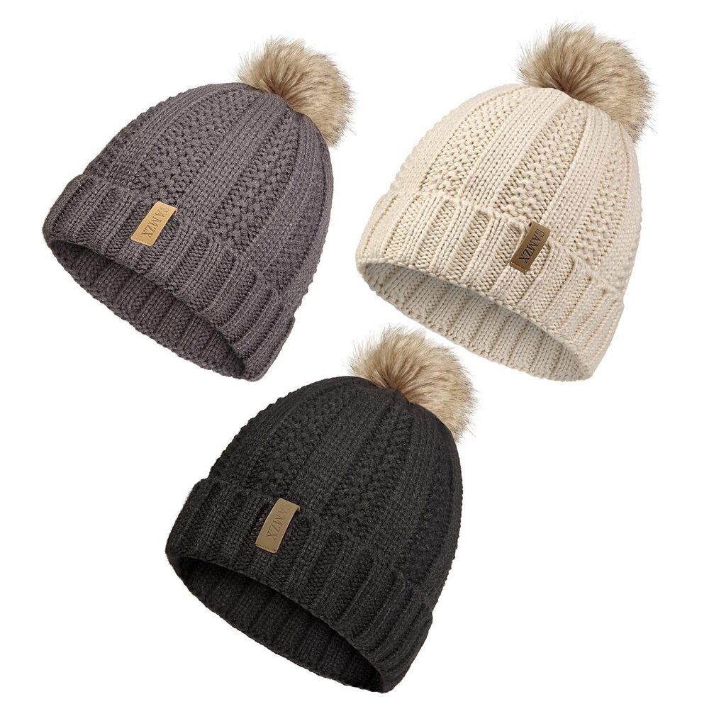 6817 Winter Hat Thick Cable Knit Warm Beanie with Faux Fur Pom Pom Hat